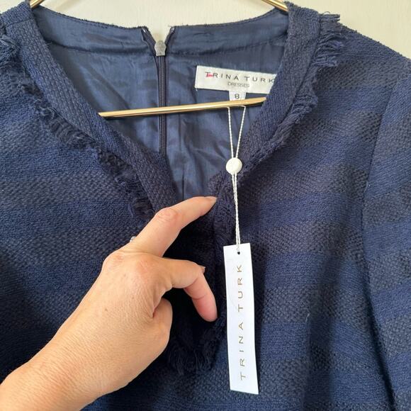 NWT Trina Turk Lorossa Navy Striped Tweed Fringe Shift Dress 8 - Picture 6 of 7